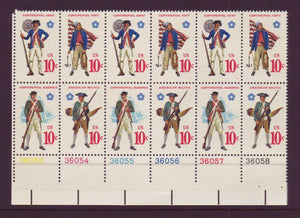1975 Revolutionary Era Military Uniforms Plate Block of 12 Postage Stamps - MNH, OG - Sc# 1565-1568