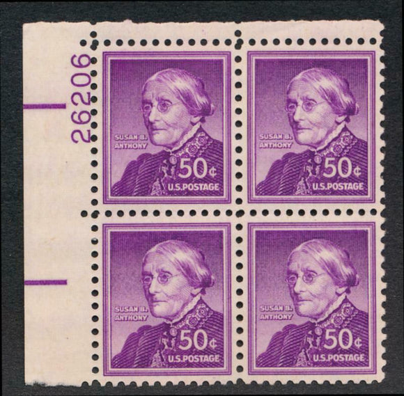 1954-68 Susan B Anthony Plate Block Of 4 50c Postage Stamps - Sc# 1051 - MNH, OG - CX578