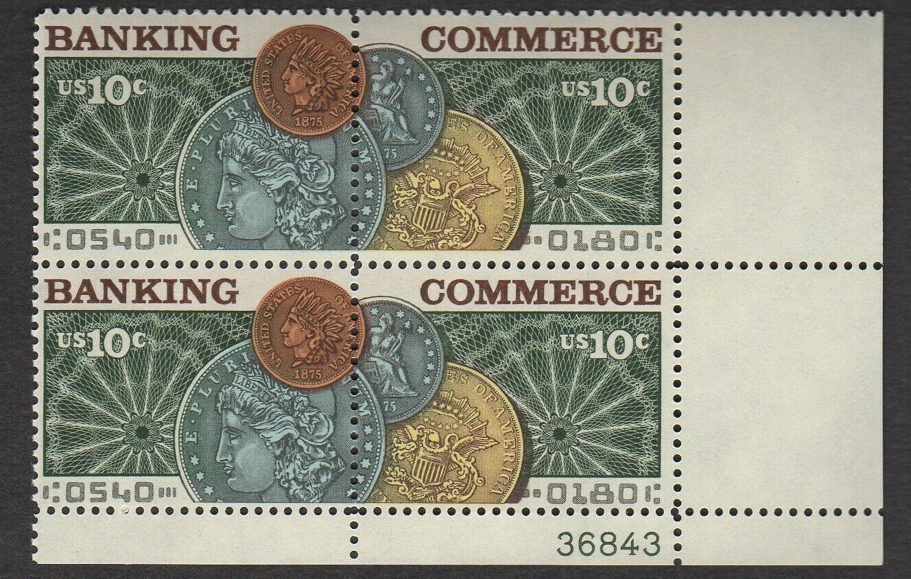 1975 Banking & Commerce Plate Block Of 4 10c Postage Stamps - MNH, OG - Scott 1577-1578 - CX322
