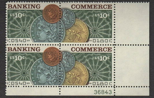 1975 Banking & Commerce Plate Block Of 4 10c Postage Stamps - MNH, OG - Scott 1577-1578 - CX322