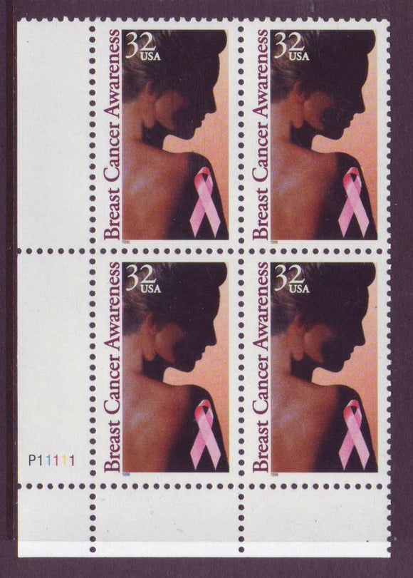 1996 Breast Cancer Awareness Plate Block of 4 32c Postage Stamps - MNH, OG - Sc# 3081