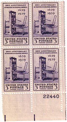 1939 Printing Tercentenary Plate Block of 4 3c Postage Stamps - Scott 857 - MNH, OG