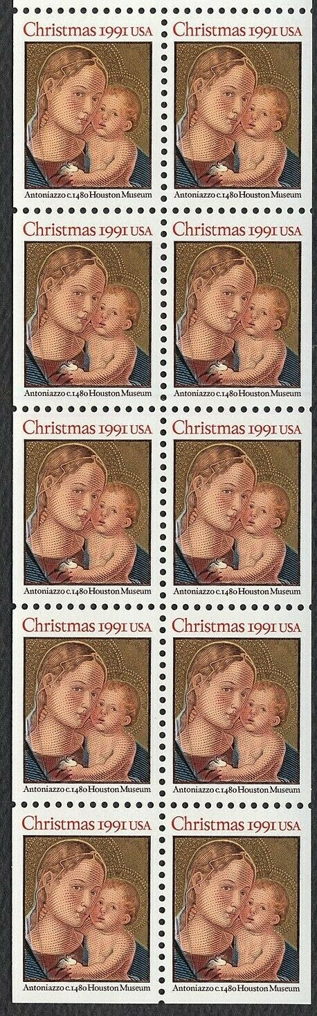 1991 Christmas Madonna By Antoniazzo - Scott 2578a - Booklet Pane Of 10 29c Postage Stamps - MNH - CW367c