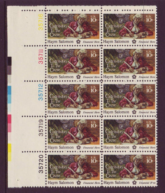 1975 Haym Salomon Financial Hero Plate Block of 10 10c Postage Stamps - MNH, OG - Scott 1561