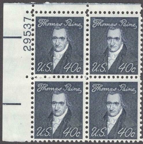 1968 Thomas Paine Plate Block of 4 40c Postage Stamps - MNH, OG - Scott 1292