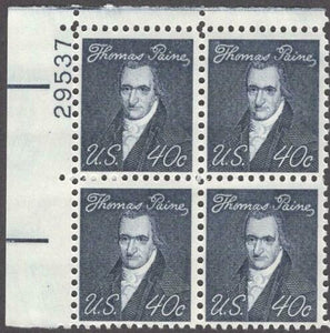 1968 Thomas Paine Plate Block of 4 40c Postage Stamps - MNH, OG - Sc# 1292