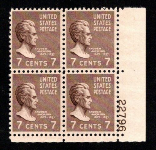 1938 President Andrew Jackson Plate Block of 4 7c Postage Stamps - Scott 812 - MNH,OG