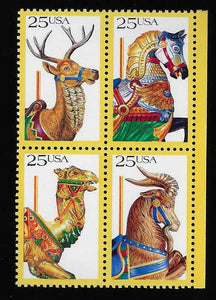 1988 Carousel Animals Block Of 4 25c Postage Stamps - Sc# 2390-2393 - MNH, OG - CW324