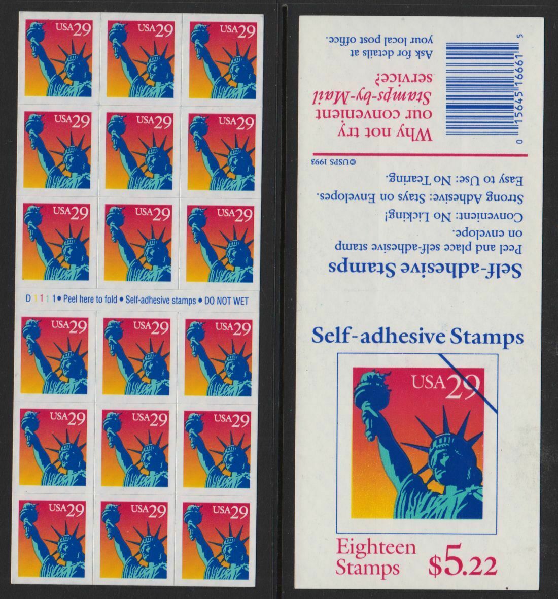 1994 USA Statue Of Liberty Booklet Pane Of 18 29c Postage Stamps - Scott 2599a - MNH - DG123