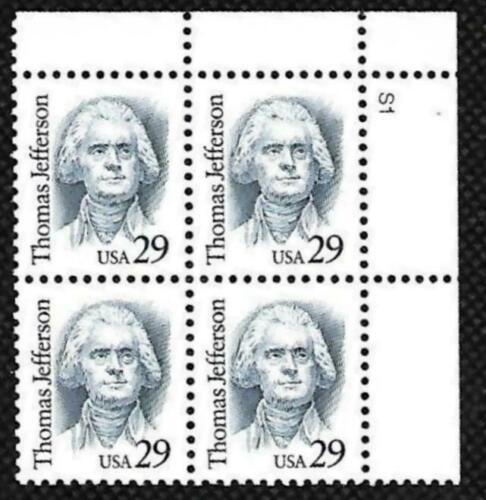 1993 Thomas Jefferson Plate Block of 4 Postage Stamps - MNH, OG - Scott 2185