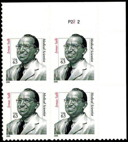 2006 Dr Jonas Salk Polio Vaccine Plate Block of 4 63c Postage Stamps - MNH, OG - Scott 3428