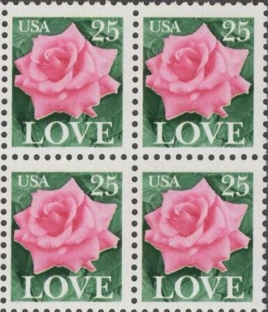 1988 Rose Love Issue Block of 4 25c Postage Stamps - MNH, OG - Scott 2378