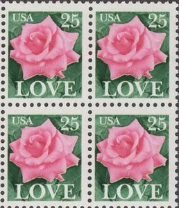 1988 Rose Love Issue Block of 4 25c Postage Stamps - MNH, OG - Sc# 2378