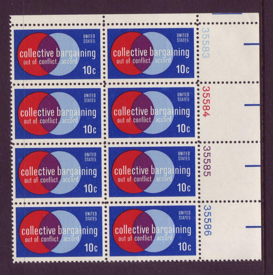 1975 Collective Bargaining Plate Block of 8 10c Postage Stamps - MNH, OG - Scott 1558