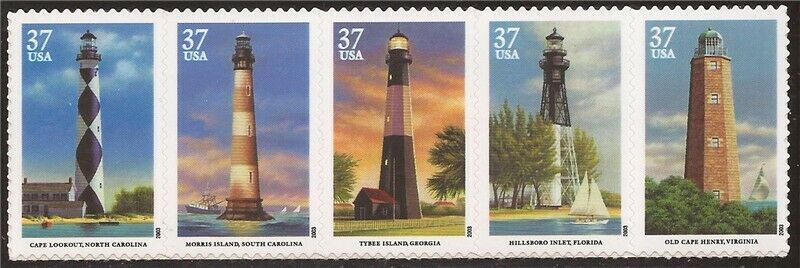 2003 Southeastern Lighthouses Strip Of 5 37c Postage Stamps - MNH - Scott 3787-3791 - DR141b