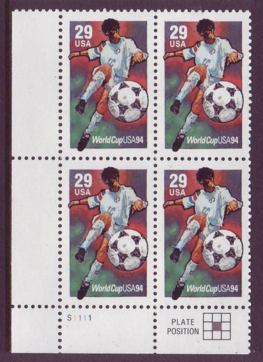 1994 World Cup Soccer Plate Block Of 4 29c Postage Stamps - Scott 2834 - MNH, OG - CW235