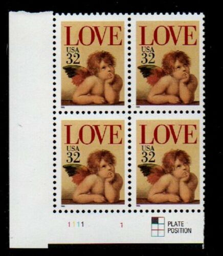 1995 Love Cupid Valentine's Plate Block of 4 32c Postage Stamps - MNH, OG - Scott 2957
