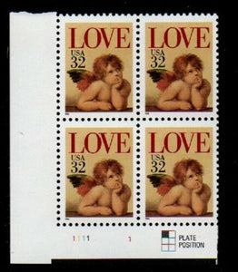 1995 Love Cupid Valentine's Plate Block of 4 32c Postage Stamps - MNH, OG - Sc# 2957