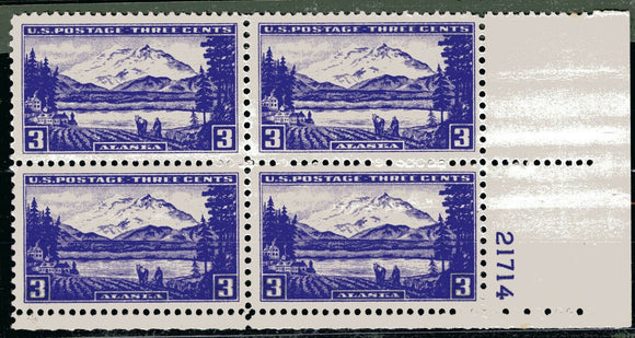 1937 Alaska Plate Block of 4 3c Postage Stamps - MNH, OG - Sc# 800 - CX925