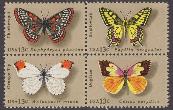 1977 Butterflies Block Of 4 13c Postage Stamps Sc# 1712-1715