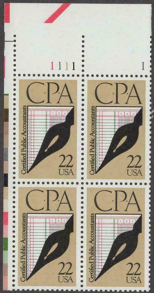 1987 CPA Certified Public Accountant Plate Block of 4 22c Postage Stamps - MNH, OG - Sc# 2361