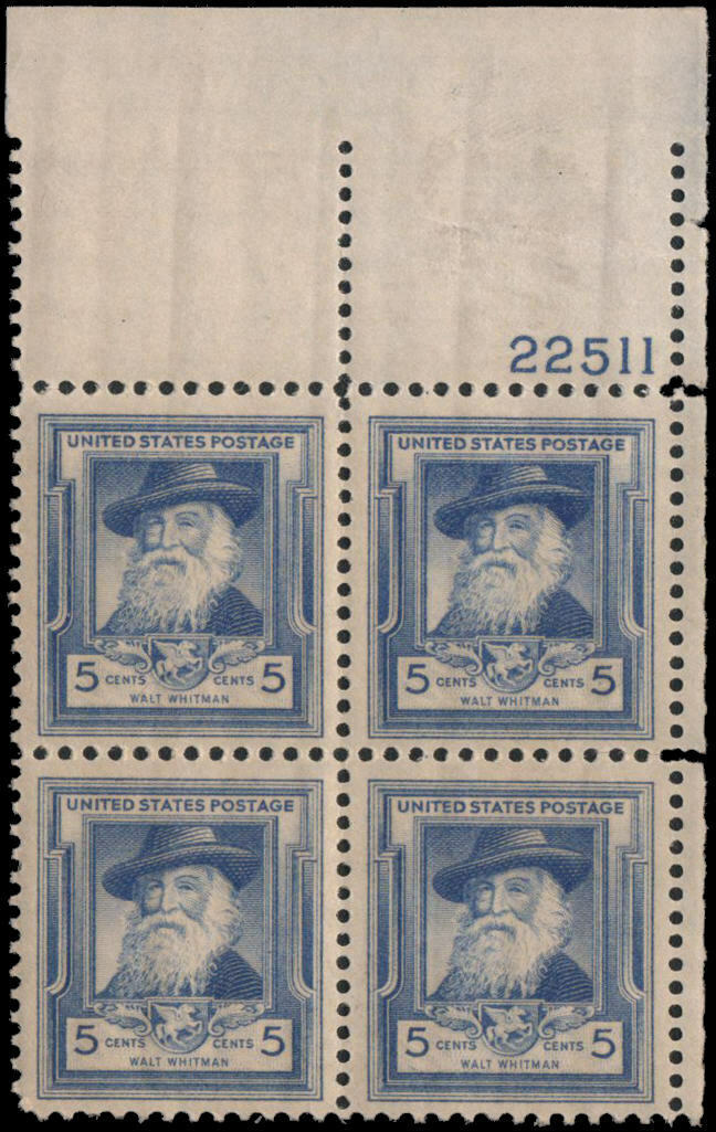 1940 Walt Whitman - Plate Block of 4 5c Postage Stamps - Scott 867 -  MNH,OG