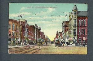 VEGAS - Posted 1912 Lima, OH Main St Looking North Trolley Postcard - FE406