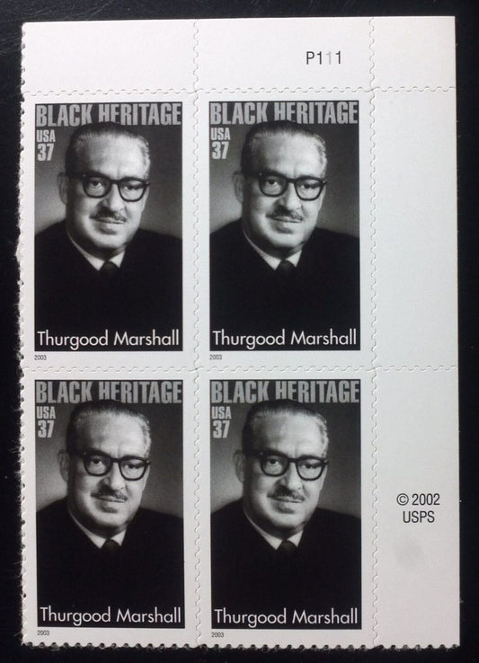 2003 - Thurgood Marshall Plate Block Of 4 37c Postage Stamps - Scott 3746 - MNH, OG - DC120