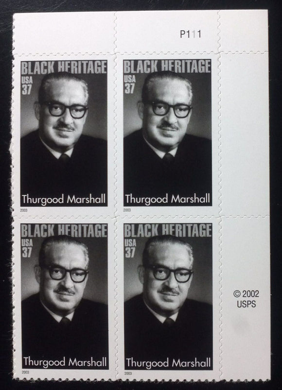 2003 - Thurgood Marshall Plate Block Of 4 37c Postage Stamps - Sc# 3746 - MNH, OG - DC120