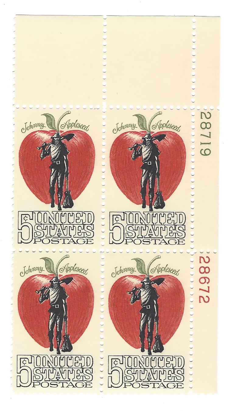 1966 Johnny Appleseed Plate Block Of 4 5c Postage Stamps - MNH, OG - Scott 1317 - CX459