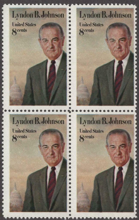 1973 President Lyndon Johnson Block of 4 8c Postage Stamps - MNH, OG - Scott 1503