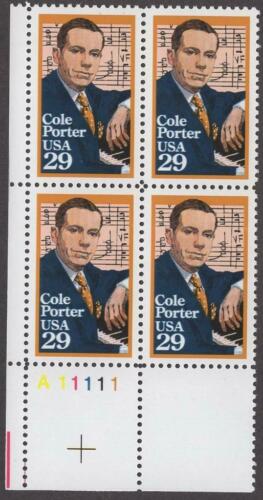 1991 Cole Porter Plate Block of 4 29c Postage Stamps - MNH, OG - Scott 2550