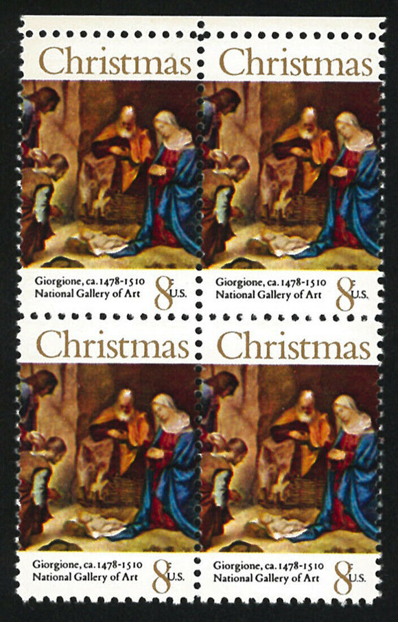 1971 Christmas Nativity Giorgione Painting Block Of 4 8c Postage Stamps - MNH, OG - Sc# 1444 - CX415
