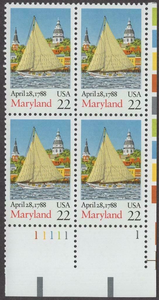 1988 Maryland - Constitution Ratification Plate Block of 4 22c Postage Stamps - MNH, OG - Sc# 2342