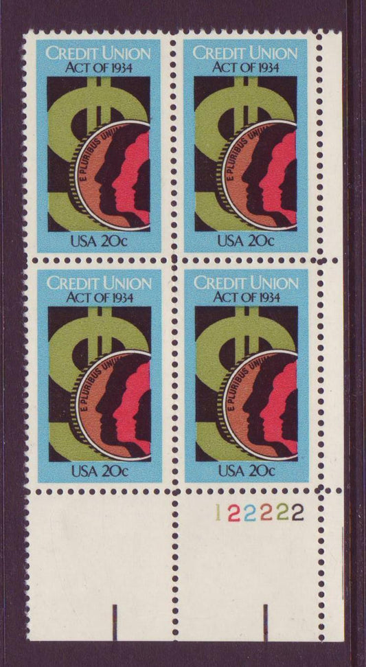 1984 Credit Union Act Of 1934 Plate Block of 4 20c Postage Stamps - MNH, OG - Scott 2075