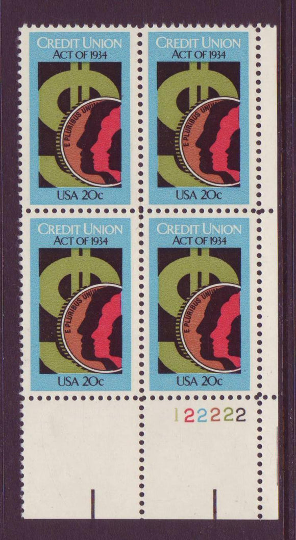 1984 Credit Union Act Of 1934 Plate Block of 4 20c Postage Stamps - MNH, OG - Sc# 2075