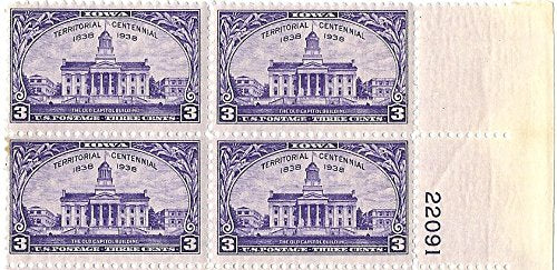 1938 Iowa Territory Block of 4 3c Postage Stamps  - Scott 838 - MNH,OG