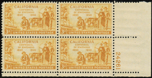 1950 California Statehood Gold Plate Block of 4 3c Postage Stamps Scott 997 - MNH - DS136b