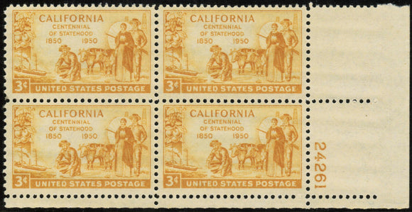 1950 California Statehood Gold Plate Block of 4 3c Postage Stamps - Sc 997 - MNH - DS136b