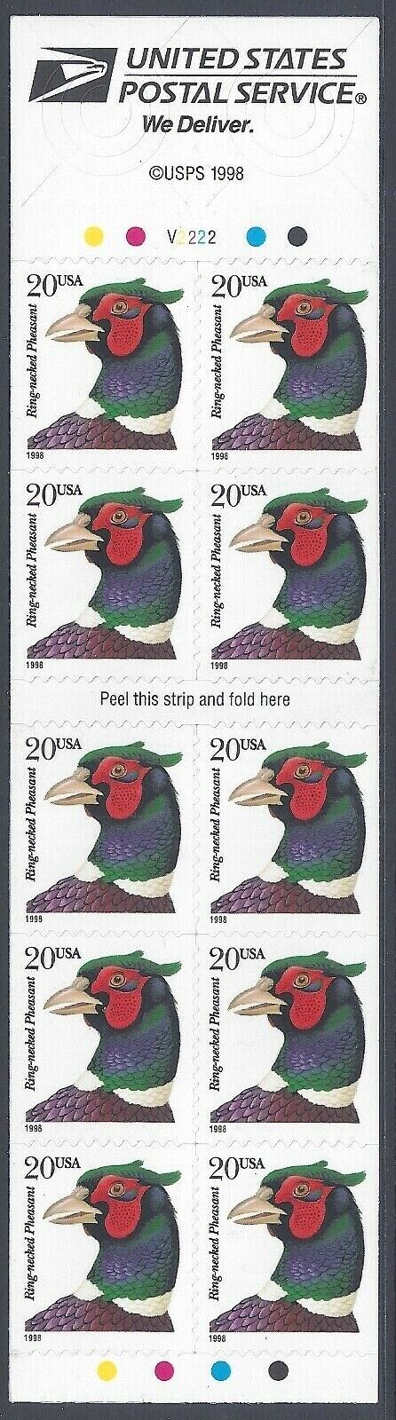 1998 Pheasant Booklet Pane Of 10 20c Postage Stamps - Sc# 3050a - MNH, OG - Unfolded - DG124