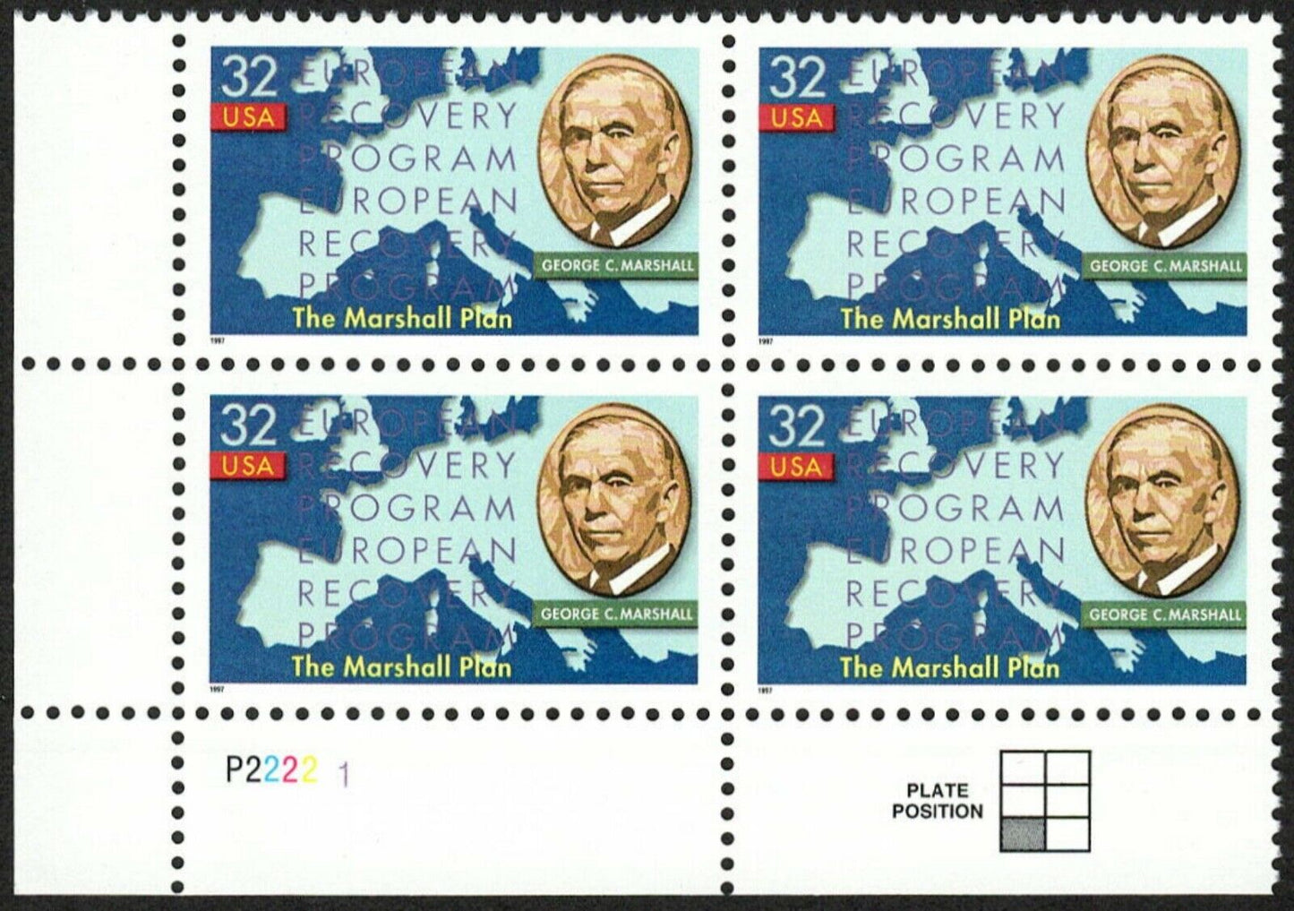 1997 Marshall Plan 50th Anniversary Plate Block Of 4 32c Postage Stamps - MNH, OG - Scott 3141 - CW363