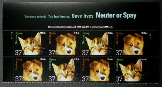 2002 Neuter & Spay Banner Block of 8 37c Postage Stamps - MNH, OG - Scott 3670-3671