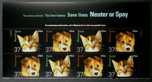 2002 Neuter & Spay Banner Block of 8 37c Postage Stamps - MNH, OG - Sc# 3670-3671