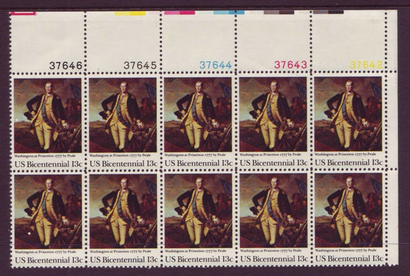 1977 George Washington At Princeton Plate Block Of 10 13c Postage Stamps - Sc 1704 - MNH - CW431b