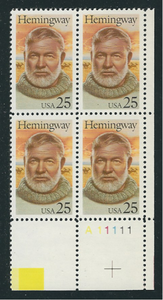 1989 Ernest Hemingway Plate Block Of 4 25c Postage Stamps - Sc 2418 - MNH - CW458a