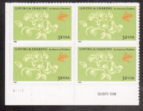 1998 Giving & Sharing Plate Block of 4 32c Postage Stamps - MNH, OG - Sc# 3243