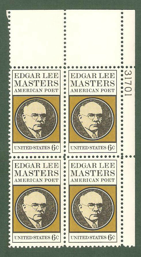 1970 Edgar Masters Plate Block of 4 6c Postage Stamps - Scott 1405 - MNH, OG - CX546