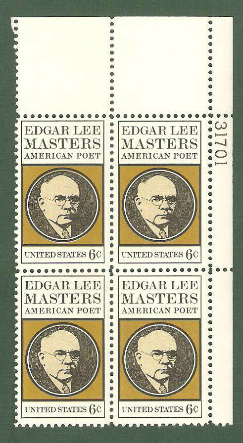 1970 Edgar Masters Plate Block of 4 6c Postage Stamps - Sc# 1405 - MNH, OG - CX546