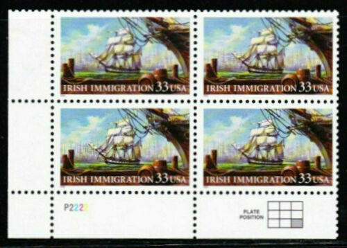 1999 Irish Immigration Plate Block of 4 33c Postage Stamps - Scott 3286 - MNH - CW369