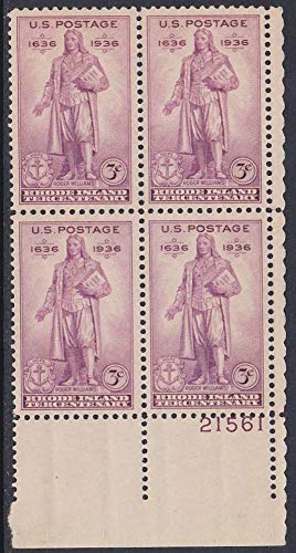 1936 Rhode Island Tercentenary Plate Block of 4 3c Postage Stamps - Scott 777 - MNH,OG